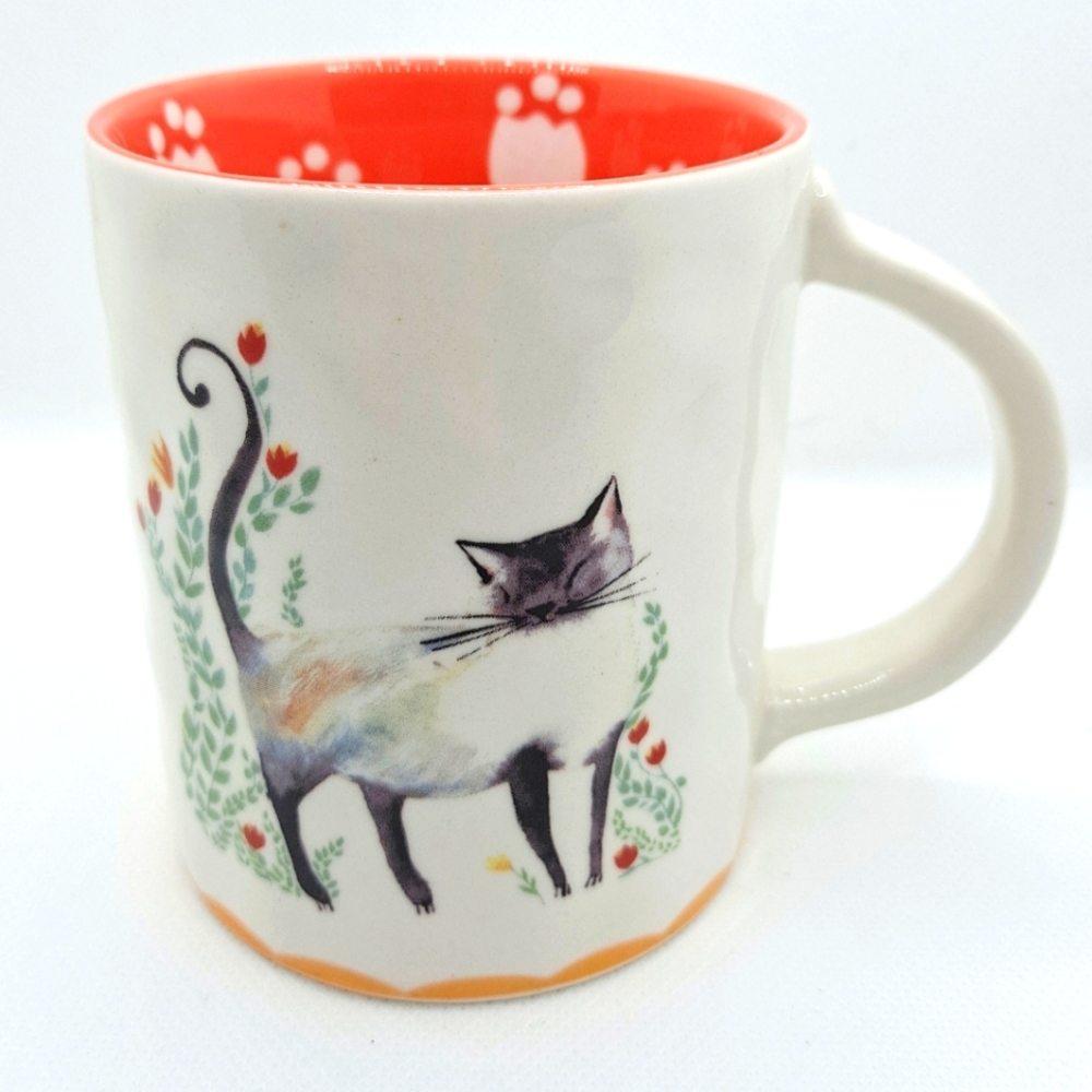 Anthropologie Lucy Eldridge Cup Mug Siamese Cat C'est La Vie 14 Ounces White.A